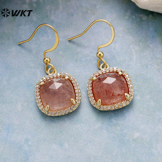WT-E781 Porcelain High Quality Gemstones Women Earrings Natural Amethyst Amazonite Stone Square Shape For Birthday Gift