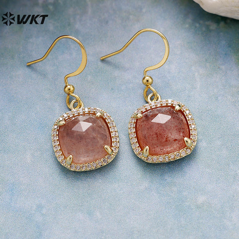 WT-E781 Porcelain High Quality Gemstones Women Earrings Natural Amethyst Amazonite Stone Square Shape For Birthday Gift
