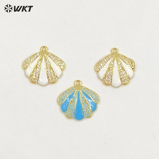 WT-MP311 New Arrival Gold Plated Drop Oil And Zircon Shell Shape Little Charm Pendant For Ladies Jewelry Bracelets Making