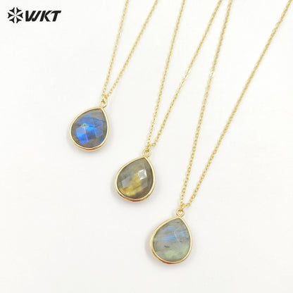 WT-N586 Wholesale Lovely Chic Labradorite Stone Necklace, Fashion Gold Bezel Drop Charm Stone Necklace
