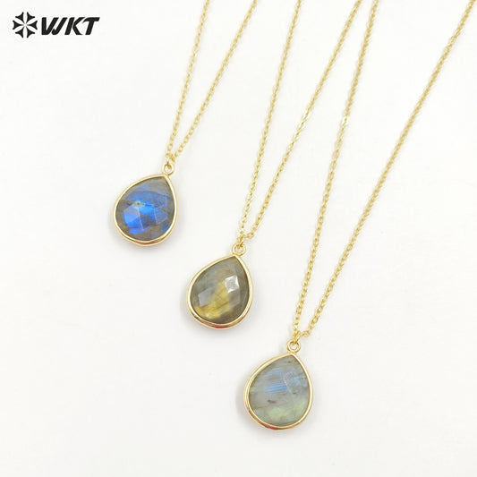 WT-N586 Wholesale Lovely Chic Labradorite Stone Necklace, Fashion Gold Bezel Drop Charm Stone Necklace