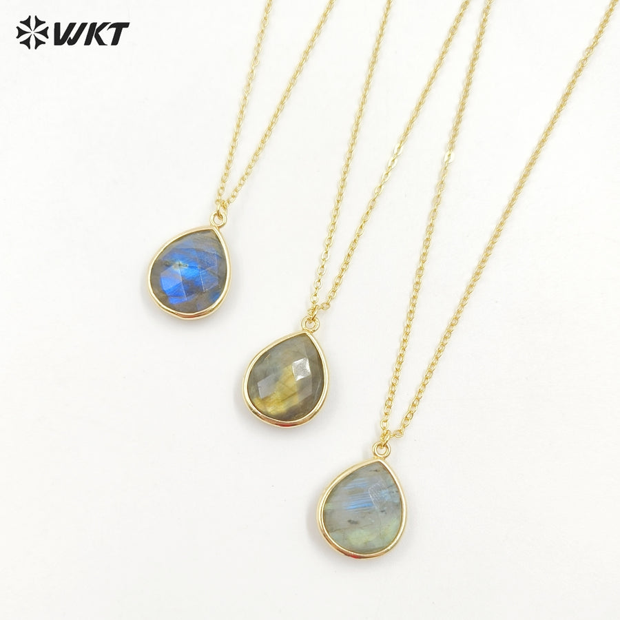 WT-N586 Wholesale Lovely Chic Labradorite Stone Necklace, Fashion Gold Bezel Drop Charm Stone Necklace