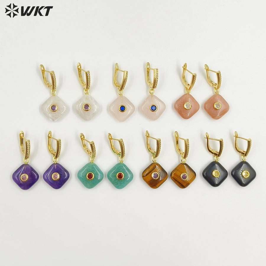 WT-E797 Wholesale Unique Design Gold Plated Black Obsidian Multi Gemstones With Zircon Geometric Women Earrings As Party Gift