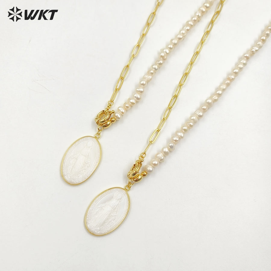 WT-JN128 WKT Unique Amazing Chic Design Women Hand Make Carved Religious Christian Mary Jesus Pendant 18real Gold Shell Necklace