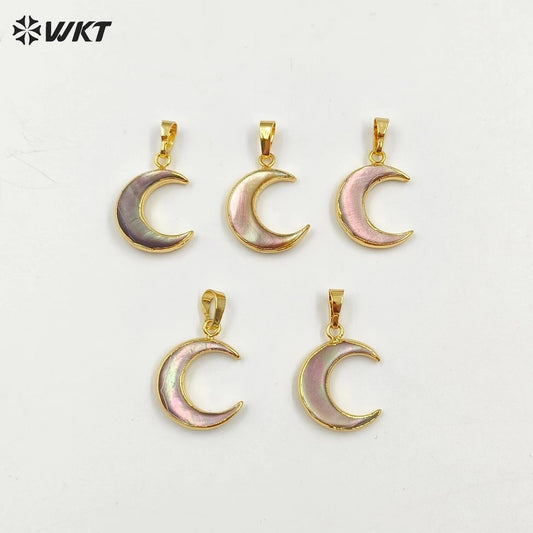 WT-P955 Wholesale 20mm Natural Moon Shell Jewelry Pendant,New Design Grey Shell Pendant With Gold Plated for Necklace