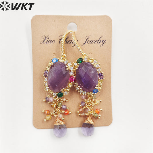 WT-E705 Charming Lady Colorful Handmade Dangling Hoops with Natural Gemstone Cubic Zircon Decorative Stone Earrings