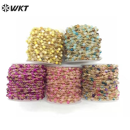 WT-RBC207 Wholesale Fashion Gold Electroplated Colorful Natural Gemstone Beads Chain Handmade Stone Made Rosary Beads Chain