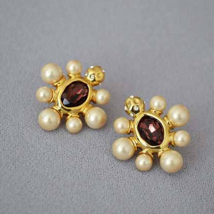 WT-MPE112 European and American Retro Exaggerated Baroque Turtle Shape Inlaid with Pearl Flowers 925 Silver Needle Earrings