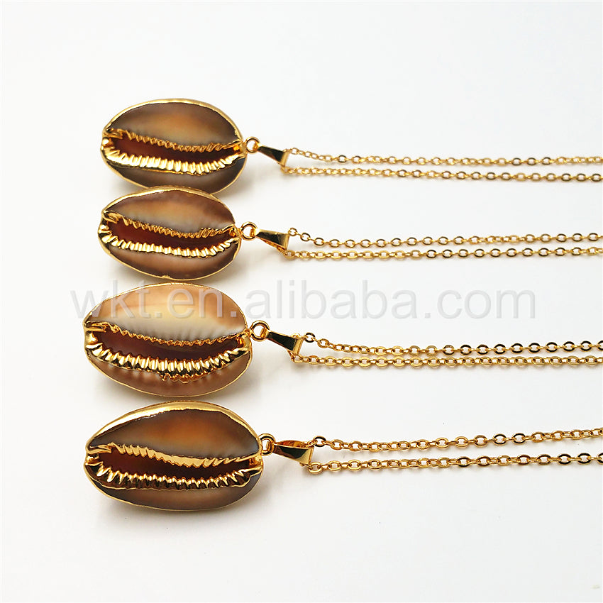WT-JN018 New Design Brown Cowrie Necklace & Pendant Jewelry,Natural Brown Cowrie Necklace with 18" Gold Chain Necklace Wholesale