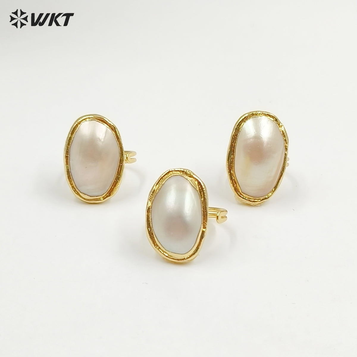 WT-MPR112 New Arrivals High Quality 18K Gold Plated Unisex Oval Adjustable Pink and White Large Mabe Shell Ring As Special Gift
