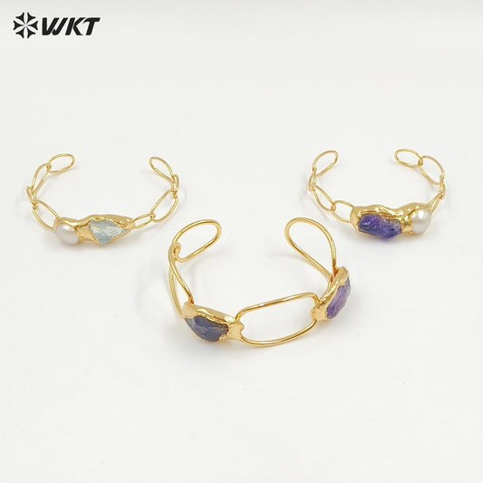 WT-B699 Wonderful Natural Gemstones Amethyst And Pearl Gold Plated Adjustable Size Bangles For Women Birthday Gift Free Shipping
