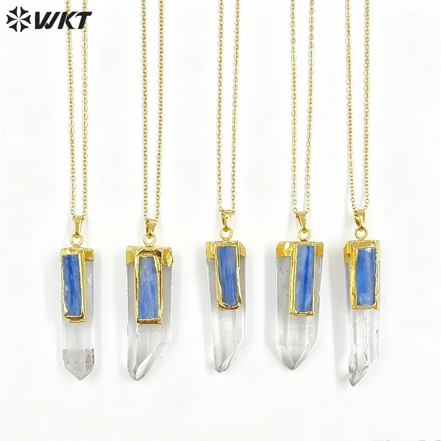 WT-N766 Newest Fashion Natural Clear Crystal Quartz Point With Blue Kyanite Charm Pendant Necklace