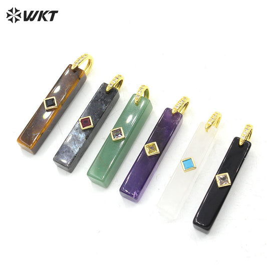 WT-P2123 Wonderful Colorful Zircon And Natural Gemstones Long Bar Shape Gold Pendants For Simple Style Necklace Making