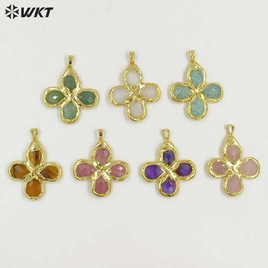 WT-P2055 Popular Sale 18K Gold Plated Tiger Eye Natural Gemstones Cross Pendants For Trendy Necklace Making Accessories