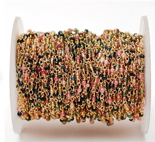 WT-RBC190 Wholesale Fashion Gold Electroplated Colorful Natural Tourmaline Beads Chain Handmade Stone Made Rosary Beads Chain