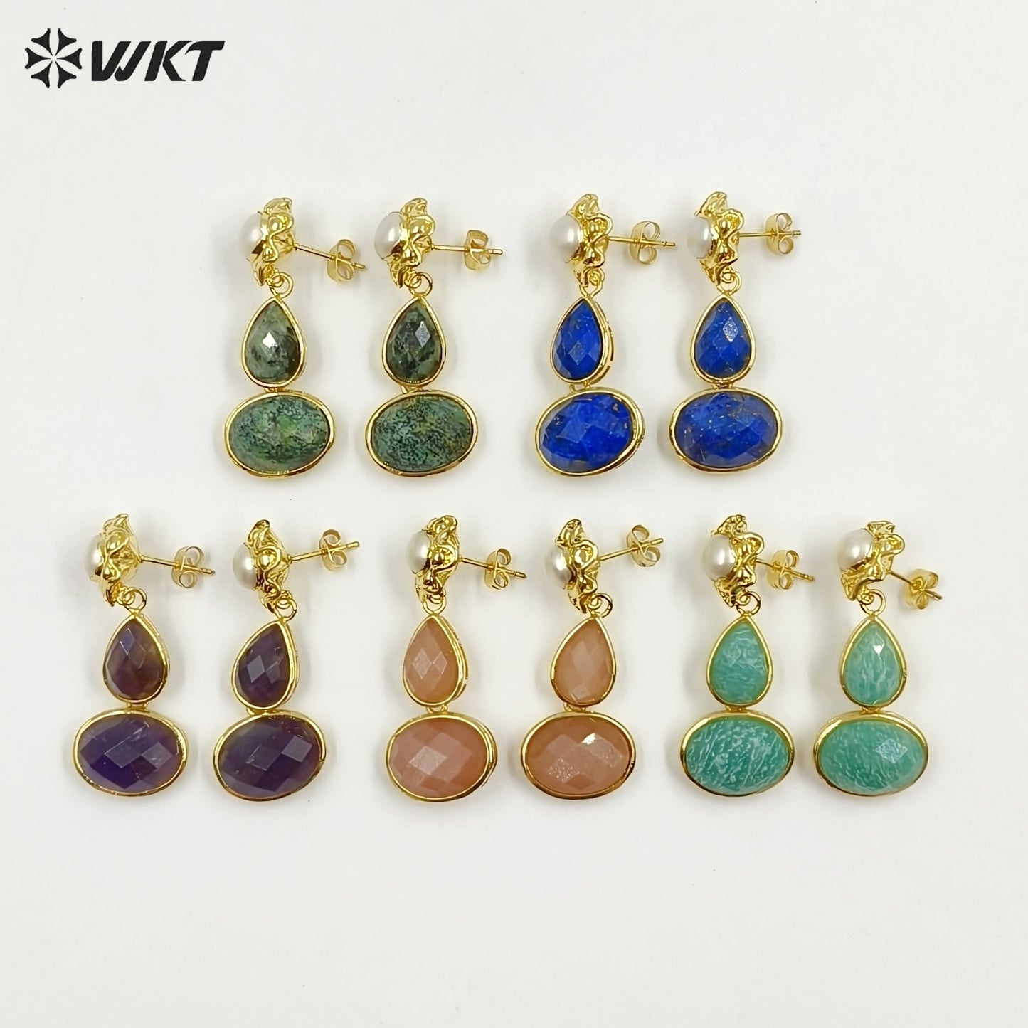 WT-E824 Exclusive Natural Pearl And Double Gemstones Gold Plated Women Earrings For Friends Vintage Beautiful Jewelry Gifts