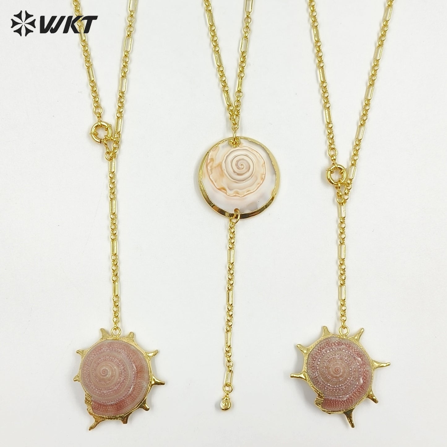 WT-JN406 Newest Fashionable Gold Plated Natural Trumpet Shell And Pearl Long Necklace For Lady Beach Matching Accessories
