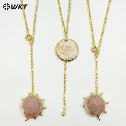 WT-JN406 Newest Fashionable Gold Plated Natural Trumpet Shell And Pearl Long Necklace For Lady Beach Matching Accessories