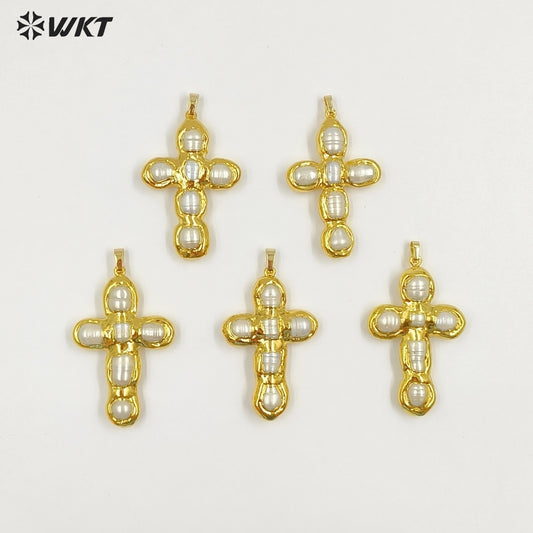 WT-JP445 Good Quality Gold Plated Religious Style Six Natural Freshwater Pearls Cross Pendant For Fashion Necklace Making