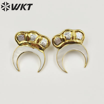 WT-MPE102Latest Style Freshwater Pearl Moon Shell Natural 18k Gold Plated Crown Gift Weeding Romantic Pendant Earrings