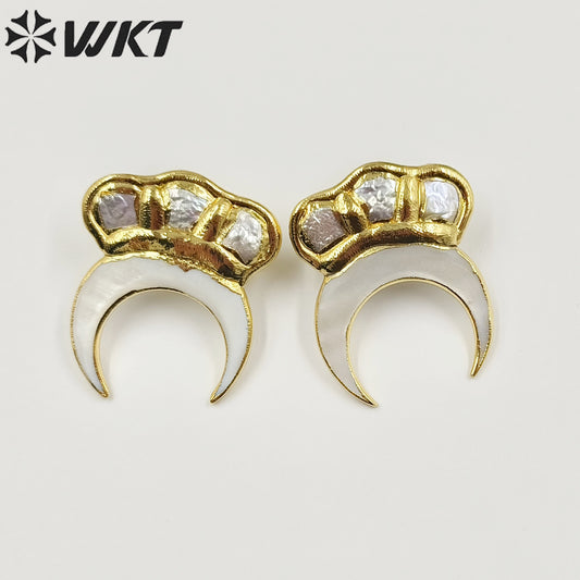 WT-MPE102Latest Style Freshwater Pearl Moon Shell Natural 18k Gold Plated Crown Gift Weeding Romantic Pendant Earrings