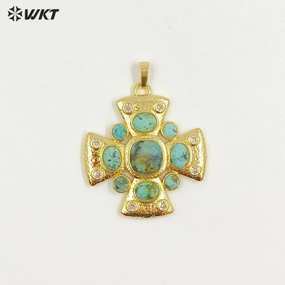 WT-MP318 Wholesale Amazing Gold Plated Zircon and Natural Labradorite Lapis Gemstones Cross Pendants For Luxury Jewelry Making