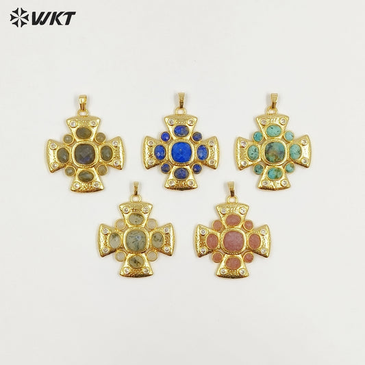 WT-MP318 Wholesale Amazing Gold Plated Zircon and Natural Labradorite Lapis Gemstones Cross Pendants For Luxury Jewelry Making