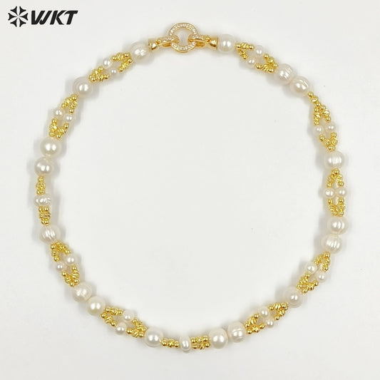 WT-JN376 16 Inch Luxury Simple Style 18K Gold Electroplated Beads And Natural Pearls Necklace For Lady Party Wearing Jewelry
