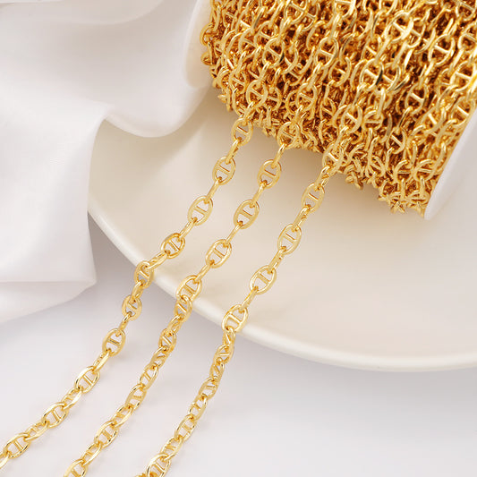 WT-BC203 18K Color Preserving Pig Nose Chain Copper Plated Real Gold Coffee Bean Ring Buckle Chain Bar DIY Necklace Loose