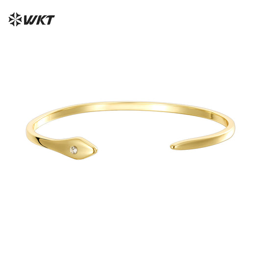 WT-MB127 New Wholesale Fine Quality Yellow Brass and Zircon Paved Snake Shape Thin Cuff Bangle for Daily Jewelry Accessory