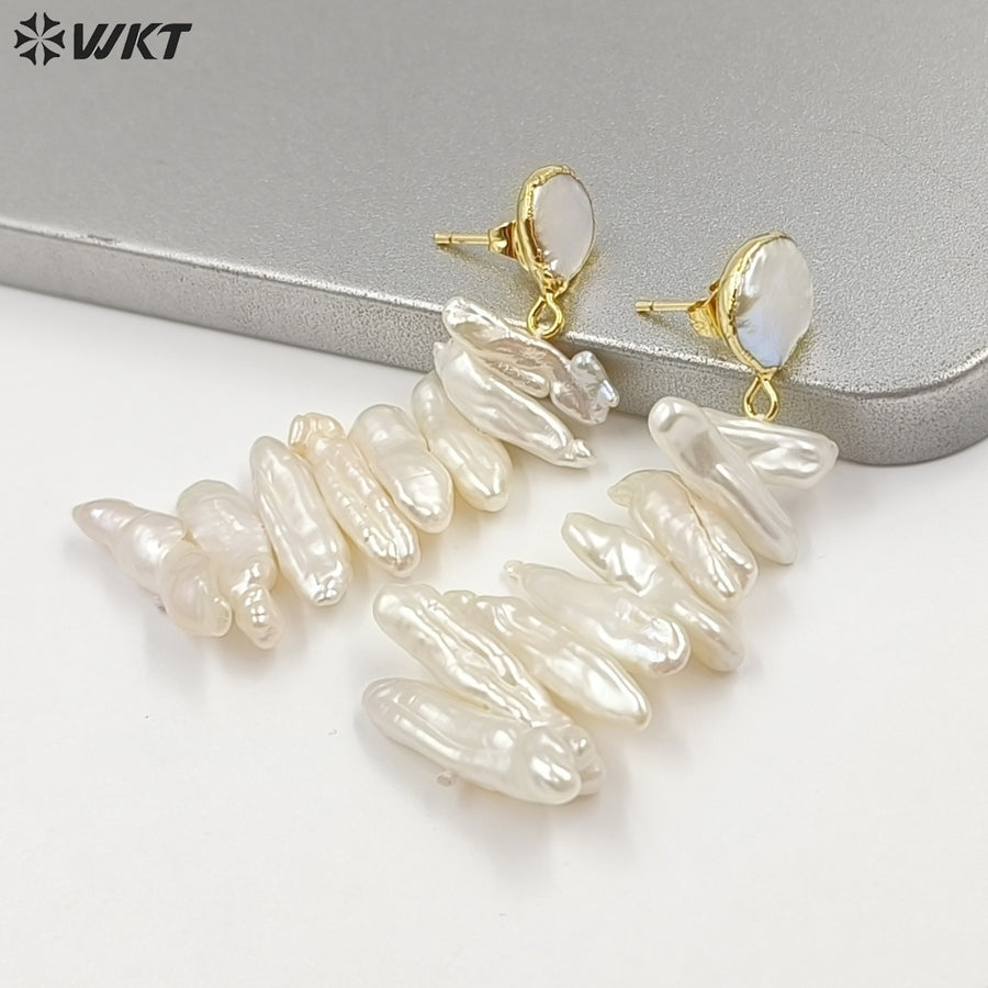 WT-E498 Irregular Shape Pearl Earring Stud With Long Bar Pearl Random Size Jewelry Natural Freshwater Pearl Earring