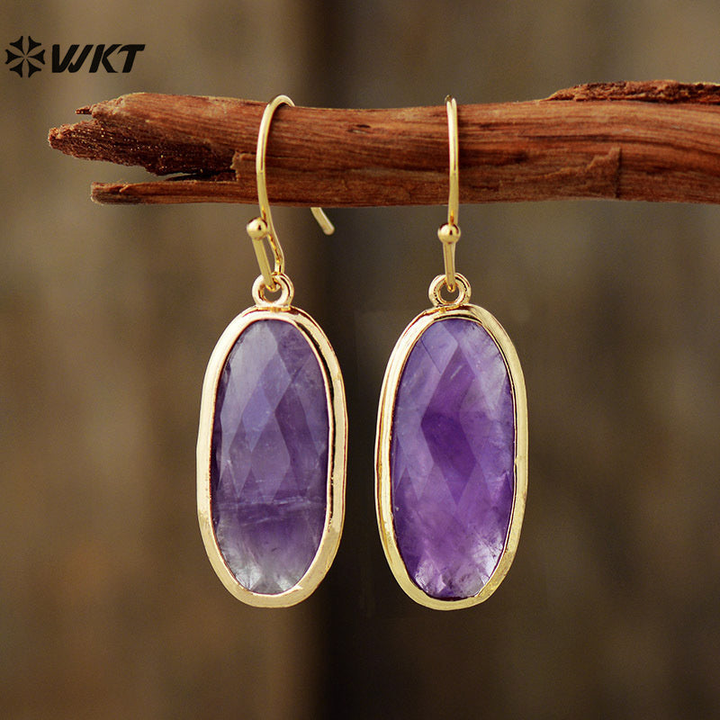 WT-E785 Wholesale Luxury Women Jewelry With Natural Amethyst Stone Long Oval Hoop Earrings Gold Plated For Daily Wearing Style