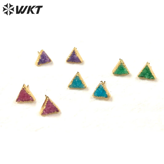 WT-E269 Wholesale Fashion Gold Plated Natural Druzy Quartz Studs Earrings Natural Women 10mm Triangle Stone Studs