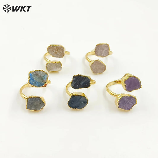 WT-R506 WKT Exclusive Design Double Natural Raw Gemstone Ring Women 18k Gold Plated Quartz Stone Birthday Gift
