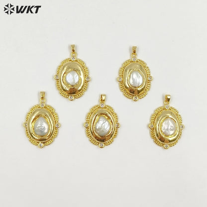 WT-JP455 Simple Design Back Full Gold Electroplated Natural Freshwater Pearl Round Pendants For Boutique Necklace Making