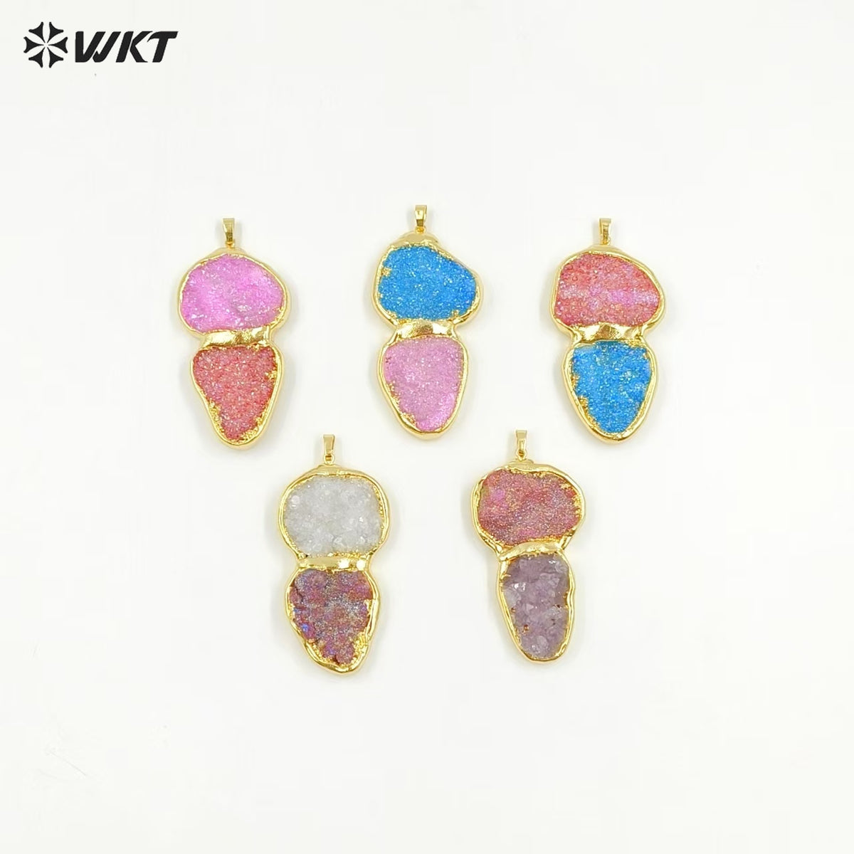 WT-P2003 Unique Popular 18K Real Gold Plated Natural Druzy Quartz With Aura Big Pendants in Romantic Style
