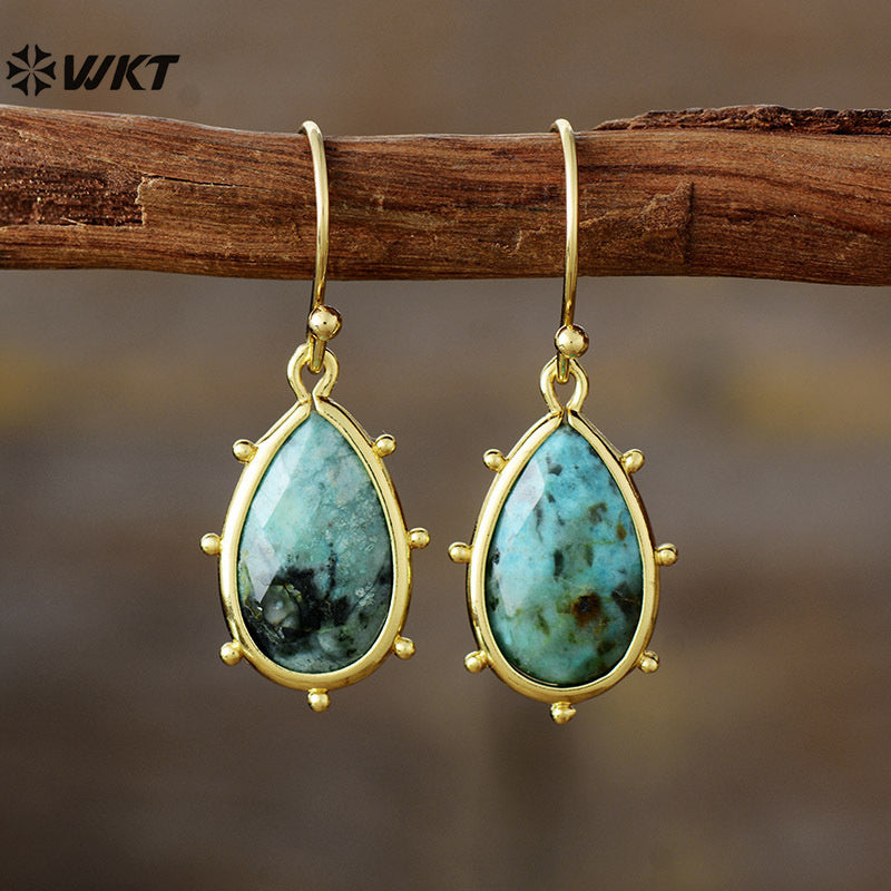 WT-E782 Wholesale Ladies Jewelry Gold Plated With Natural Gemstones African Turquoise Stone Earrings Water Drop Shape Design