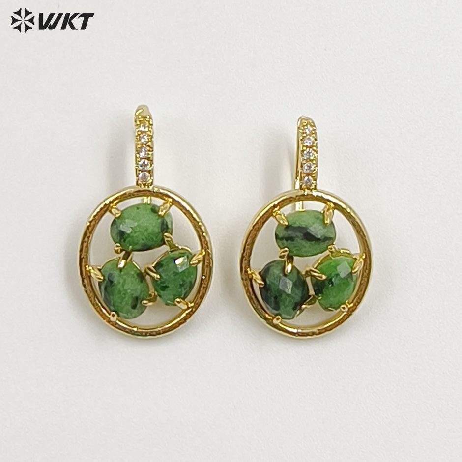 WT-E795 Delicate 18K Gold Plated Three Natural Gemstones With Zircon Hollow Round Earrings For Friend Birthday Gift Jewelry