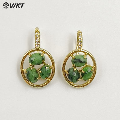 WT-E795 Delicate 18K Gold Plated Three Natural Gemstones With Zircon Hollow Round Earrings For Friend Birthday Gift Jewelry
