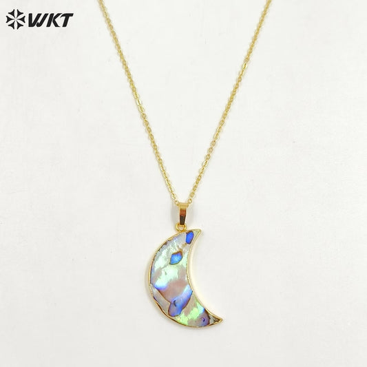 WT-N771 Wholesale Hot Shape Natural Paua Shell Crescent Horn Necklace 18k Real Gold Plated Abalone Crescent Horn Necklace