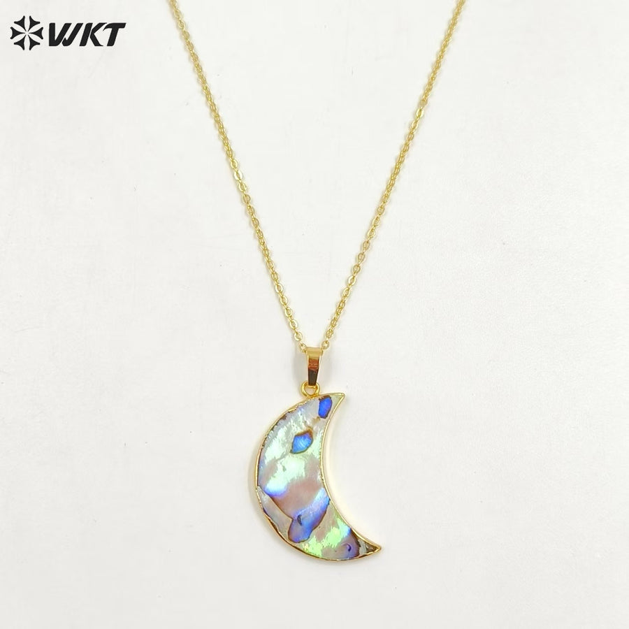 WT-N771 Wholesale Hot Shape Natural Paua Shell Crescent Horn Necklace 18k Real Gold Plated Abalone Crescent Horn Necklace