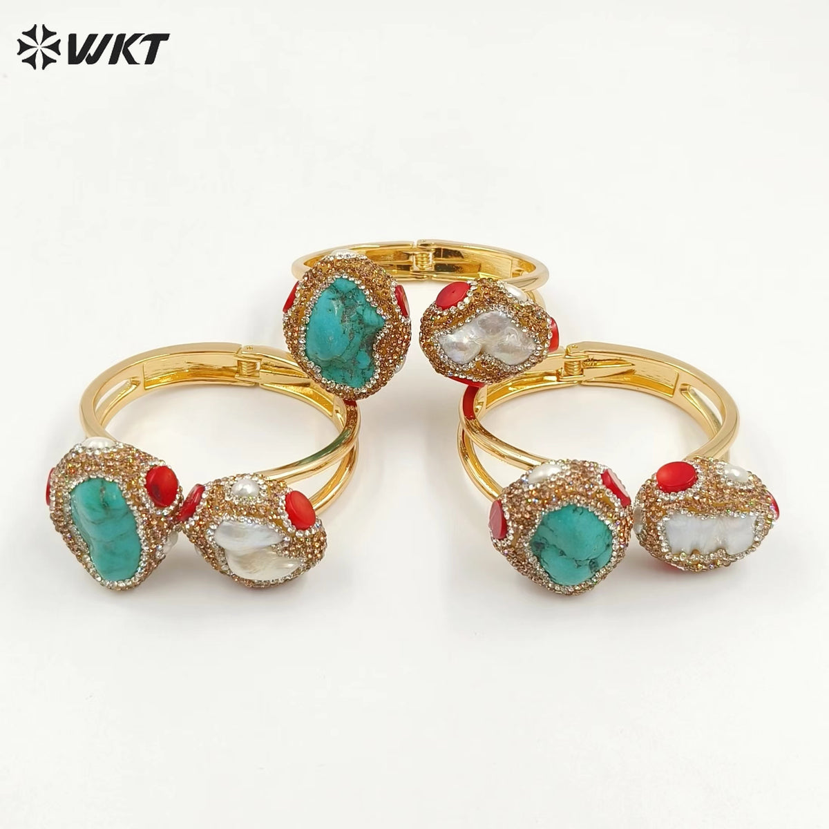 MPB107 Gorgeous Hand Make Rhinestone Paved Natural Gold Plated Cuff Green Turquoise and Pearl Bangle in Retro Style