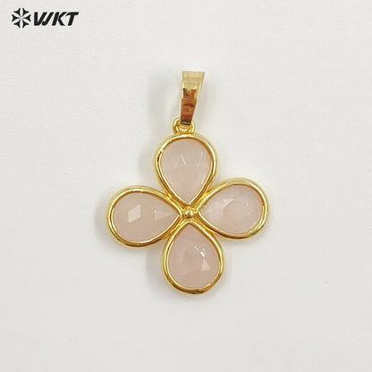 WT-P2031 Romantic Lovely Gold Plated Lucky Four Leaves Clover Flowers Shape Natural Gemstone Pendants For Ladies Necklace DIY