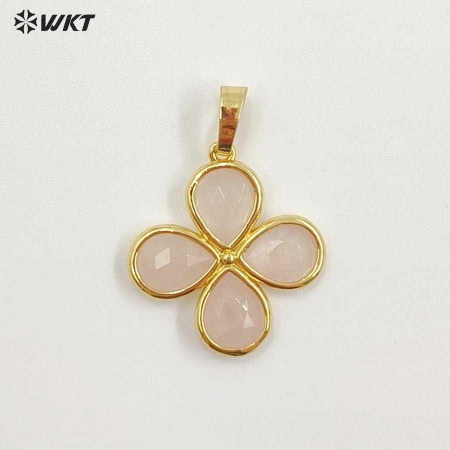 WT-P2031 Romantic Lovely Gold Plated Lucky Four Leaves Clover Flowers Shape Natural Gemstone Pendants For Ladies Necklace DIY