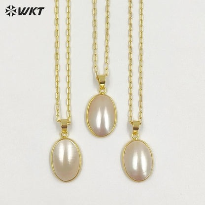 WT-JN384 Wholesale Simple Style Gold Electroplated Oval Mabe Shell Pendant Necklaces For Women Fashion Jewelry Matching