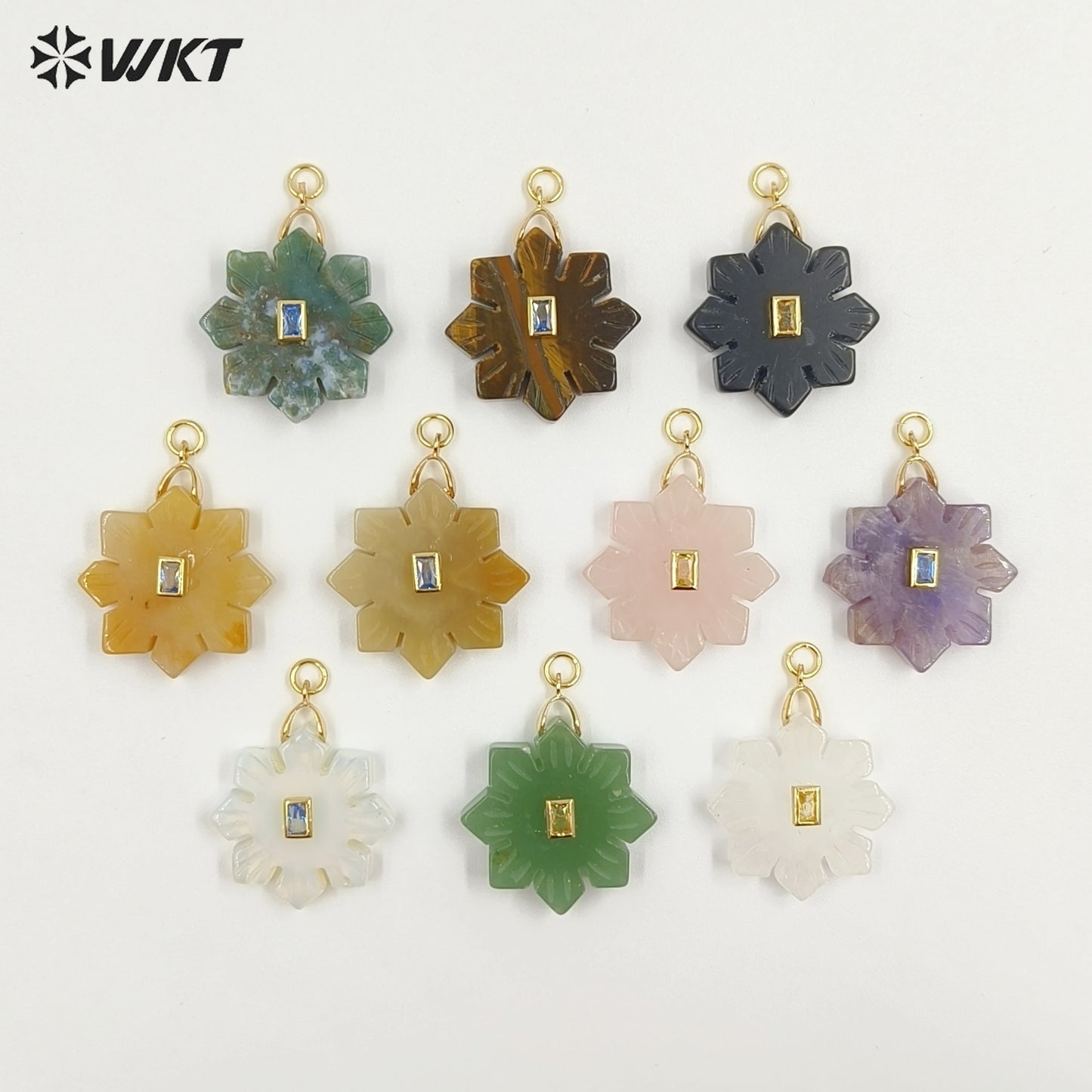 WT-P2095 Romantic Colorful Natural Gemstones And Zircon Snowflake Shape Charm Pendants As Lady Handmade Earrings Findings
