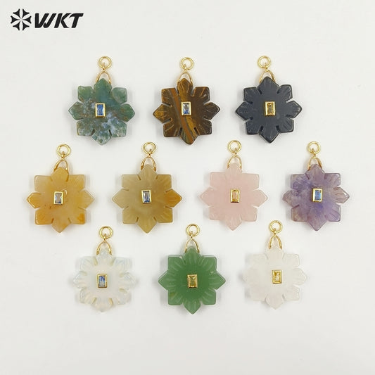 WT-P2095 Romantic Colorful Natural Gemstones And Zircon Snowflake Shape Charm Pendants As Lady Handmade Earrings Findings