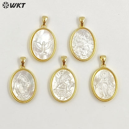 WT-JP464 New Arrival Religious Style Pattern 18 Gold Plated Natural Shell Oval Little Pendants For Women Necklace Making