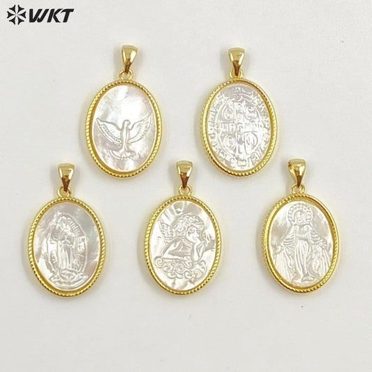 WT-JP464 New Arrival Religious Style Pattern 18 Gold Plated Natural Shell Oval Little Pendants For Women Necklace Making