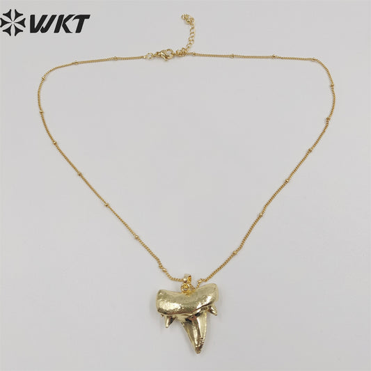 WT-N486 Wholesale Full Gold Electroplated Lovely Shark Teeth Necklace, Fashion Tiny Ball Bead Chain Shark Tooth Necklace